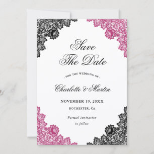 Heißrosa und schwarze Blumen-Spitze-Hochzeit Termi Save The Date