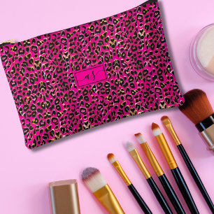 Heißrosa und schwarze Leopardenprint-Monogramm Zubehörtasche