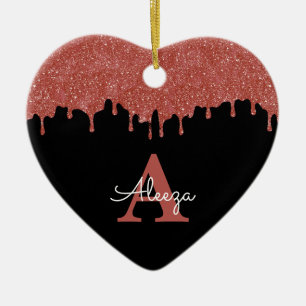Heißrosa und schwarze Monogramm-Glitter-Tropfen Keramik Ornament