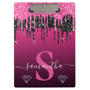 Heißrosa und schwarzes tropfendes Glitter-Monogram Klemmbrett