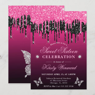 Heißrosa und schwarzes tropfendes Glitter Sweet 16 Einladung