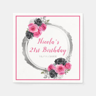 Heissrosa und Silberne Elegante Blume Geburtstag Serviette