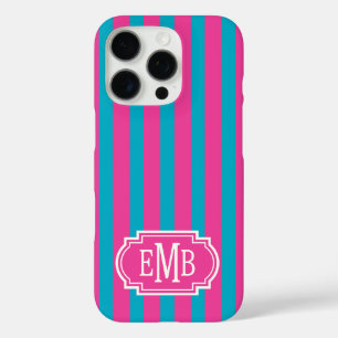 Heißrosa und Türkis monogrammierte Streifen iPhone 16 Pro Hülle