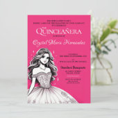 Heissrosa und Weiße Quinceñera Einladung (Stehend Vorderseite)