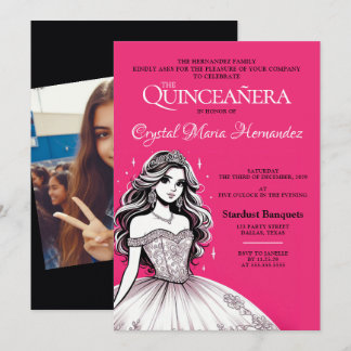 Heissrosa und Weiße Quinceñera Einladung