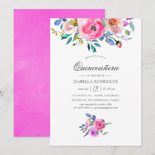 Heißrosa Wasserfarben Floral Quinceañera Einladung