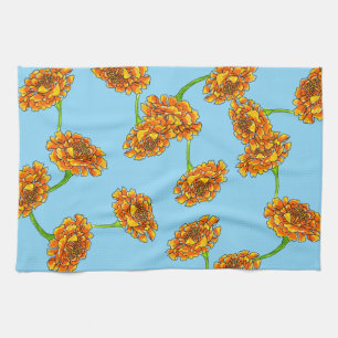 Heitere Orange Tagetes auf Himmelblau Botanisch Geschirrtuch