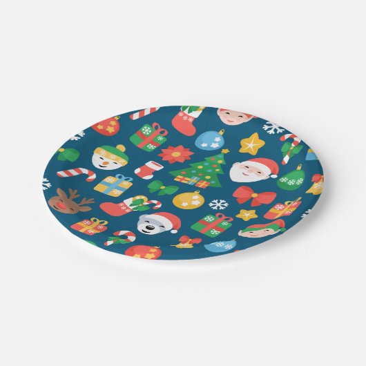 Heiteres Weihnachtsmuster auf blau Pappteller (Schrägansicht)