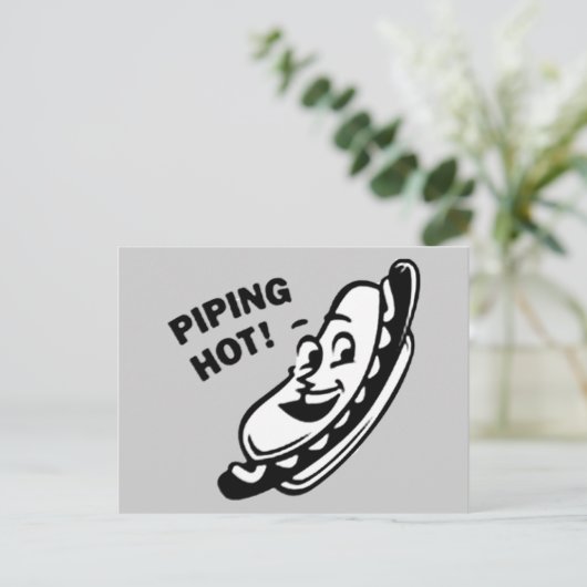 HEIZEN! Retro Hot Dog - Schwarz & Weiß Postkarte (Stehend Vorderseite)
