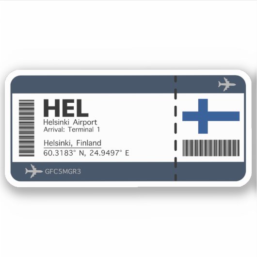 HEL Helsinki, Finnland Boarding Pass Aufkleber (Vorderseite)