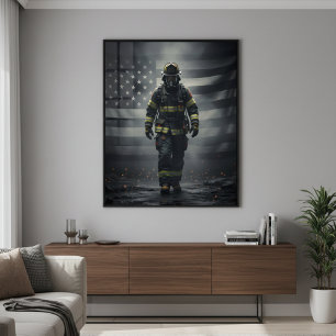Held Feuerwehrmann geht durch Rauchposter Poster