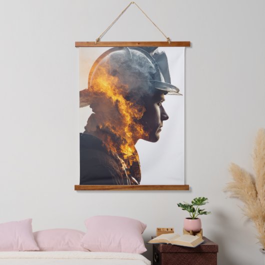 Heldenherz: Feuerwehrflammportrait Wandteppich Mit Holzrahmen (Schlafzimmer)