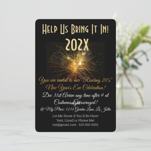 Helfen Sie uns, es im Rahmen des Roaring 20's Neuj Einladung (Stehend Vorderseite)