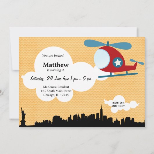 Helikopter Geburtstag Thema (Orange) Einladung (Vorderseite)