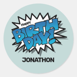 Hell Blue Comic Text - Happy Birthday Runder Aufkleber