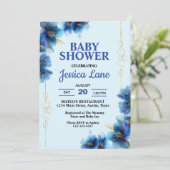 Hell Blue Flowers Boy Baby Dusche Einladung (Stehend Vorderseite)