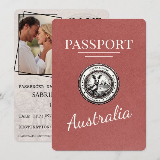 Hell Burgunder Australien Reisepass Save The Date (Vorne/Hinten)
