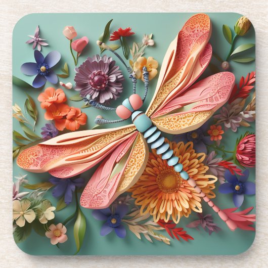 HELL FARBENE DRAGONFLÄCHE MIT BLUME GETRÄNKEUNTERSETZER (Vorderseite)