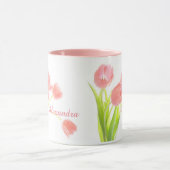 Hell, frisch, rosa Tulip Bouquet mit weißem Namen Tasse (Zentrum)