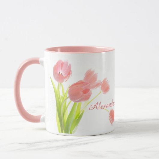 Hell, frisch, rosa Tulip Bouquet mit weißem Namen Tasse (Links)