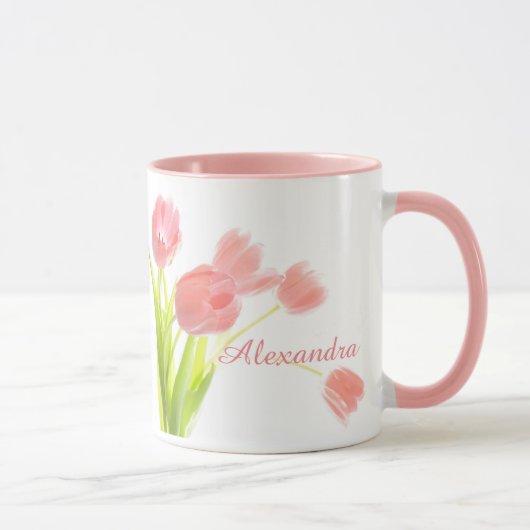 Hell, frisch, rosa Tulip Bouquet mit weißem Namen Tasse (Rechts)