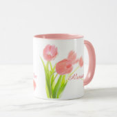 Hell, frisch, rosa Tulip Bouquet mit weißem Namen Tasse (VorderseiteRechts)