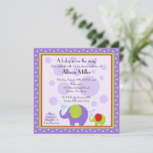 Hell & Fun Elefant Babydusche Einladung (Stehend Vorderseite)