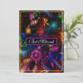 Hell Neon Stars Wirbel Spritzer Bat Mitzvah Einladung (Stehend Vorderseite)