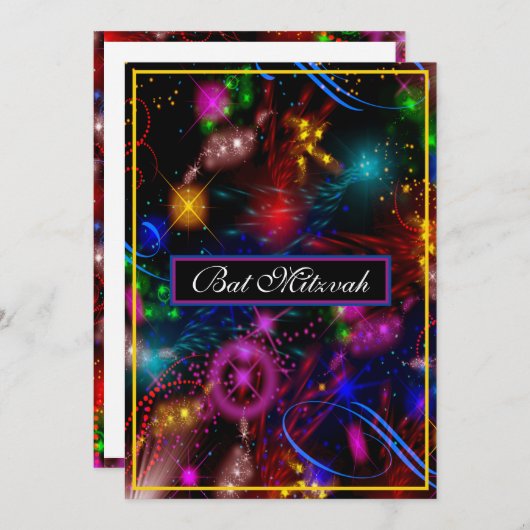 Hell Neon Stars Wirbel Spritzer Bat Mitzvah Einladung (Vorne/Hinten)