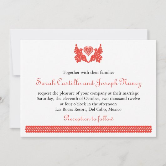 Hell Red Papel Picado Style Love Birds Einladung (Vorderseite)
