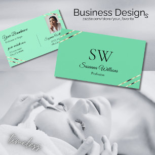 Hell Teal mit Rose Gold Linien Monogramm und Foto Visitenkarte