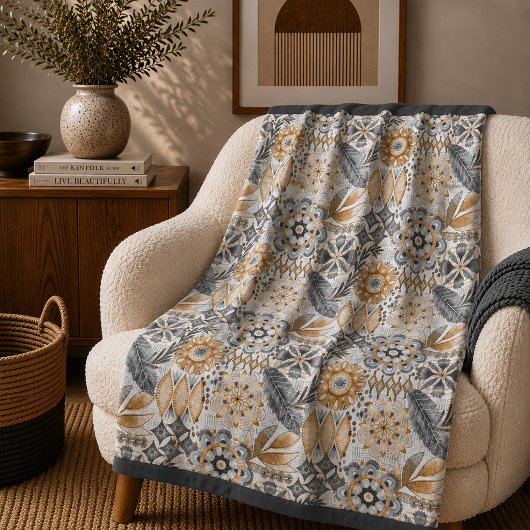 Hell Terrakotta Grau Botanisches Boho-Muster Fleecedecke