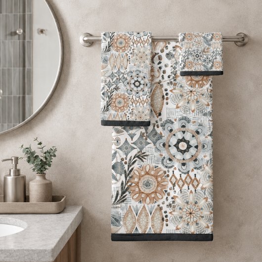 Hell Terrakotta Grau Botanisches Muster Badhandtuch Set