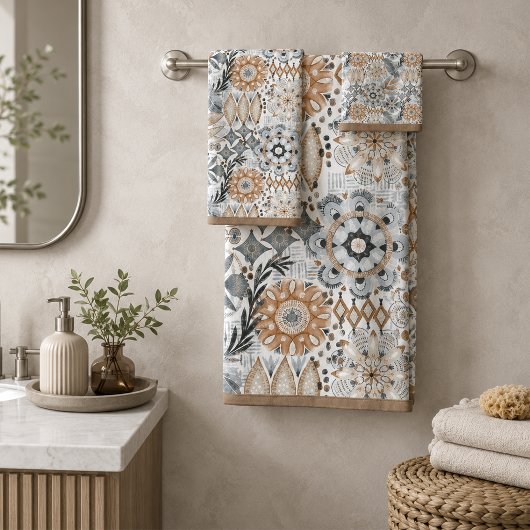 Hell Terrakotta-Grau Botanisches Muster Badhandtuch Set