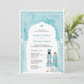 Hell Türkis Wasserfarbe Bogenrahmen Sikh-Hochzeit Einladung (Stehend Vorderseite)