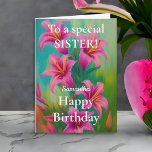 Hell und kühl Pink Lilies Happy Birthday Sister Karte<br><div class="desc">Personalisiert Happy Birthday Card für eine besondere Schwester. Das Design hat rosa Lilien auf der Vorderseite und eine besondere,  stete Botschaft auf der Innenseite. Sie können Nachrichten verlassen,  wie gewünscht,  ändern oder löschen,  um Ihre eigene Nachricht zu schreiben.</div>