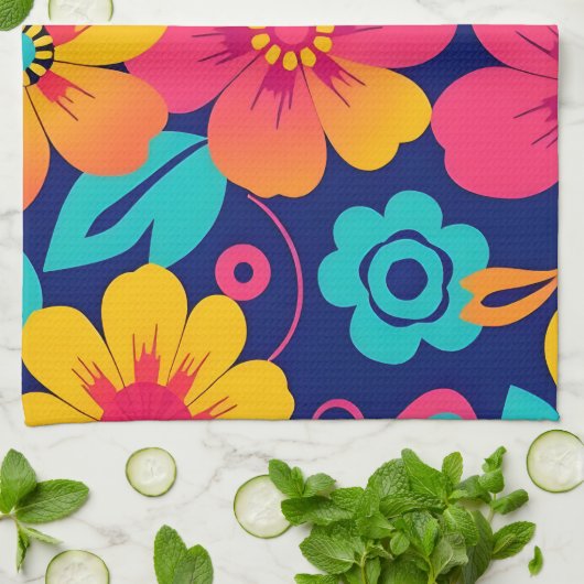 Hell und kühl Retro-Blume im Dopaminstil Geschirrtuch (Gefaltet)