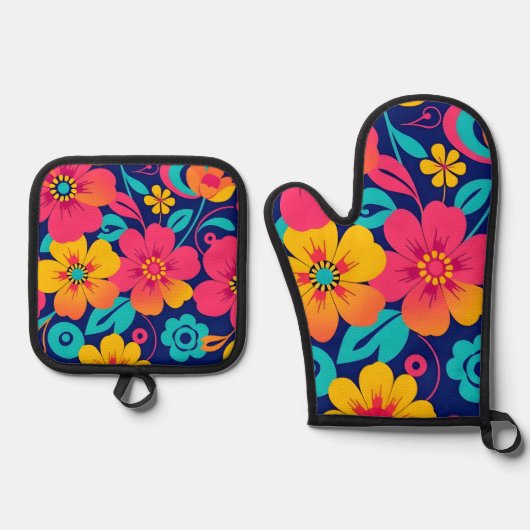 Hell und kühl Retro-Blume im Dopaminstil Ofenhandschuh & Topflappen-Set (Vorderseite)