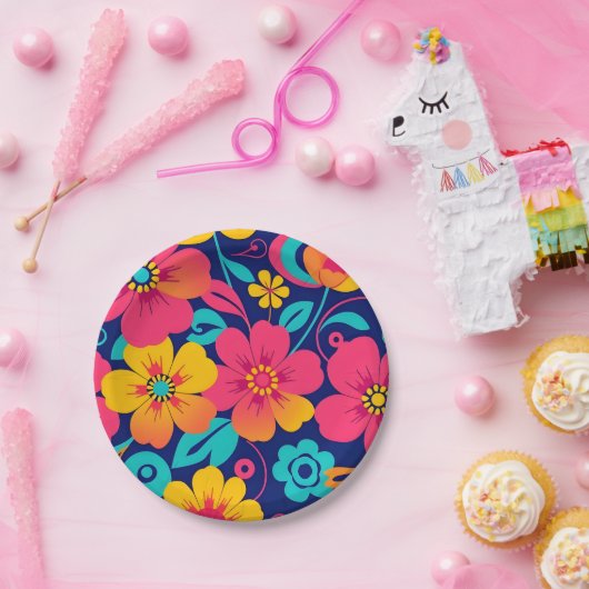 Hell und kühl Retro-Blume im Dopaminstil Pappteller (Party)