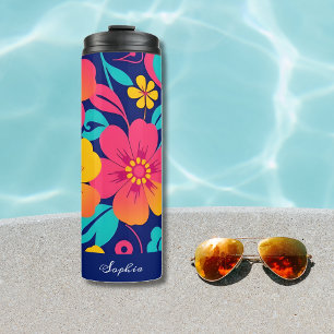 Hell und kühl Retro-Blume im Dopaminstil Thermosbecher