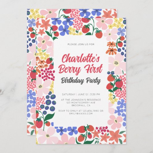 Hell und kühl Strawberry First Birthday Editable Einladung (Vorne/Hinten)