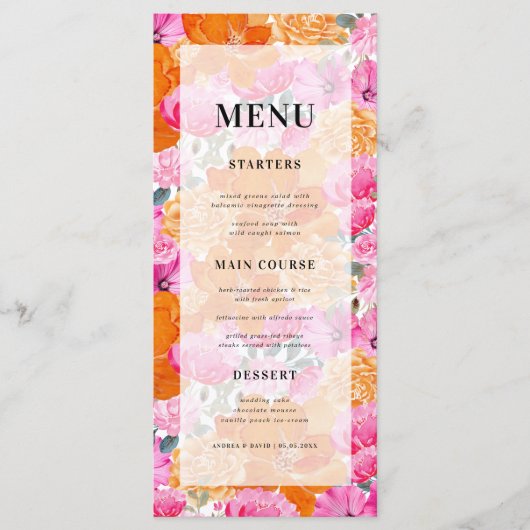 Hellblass, rosa und orange-helle Hochzeit Menükarte (Vorderseite)