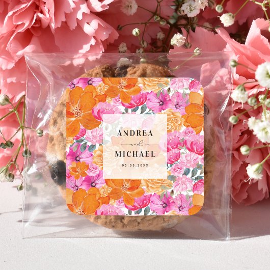 Hellblass, rosa und orangefarbene Blütenhochzeit Quadratischer Aufkleber