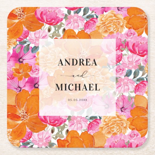 Hellblass, rosa und orangefarbene Sommerhochzeit Rechteckiger Pappuntersetzer (Vorderseite)