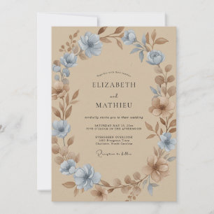 Hellblau Beige Aquarell Blumen Hochzeit Einladung