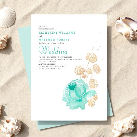 Hellblau-beige Sommerstrandhochzeit Einladung