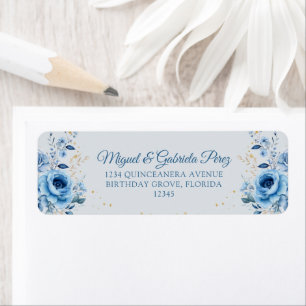 Hellblau Blumen Gold Glitter Rücksendeadresse