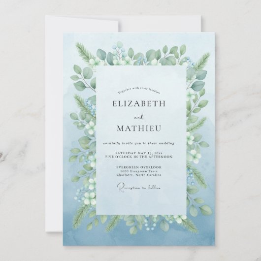 Hellblau Botanische Romantische Hochzeit Einladung (Vorderseite)