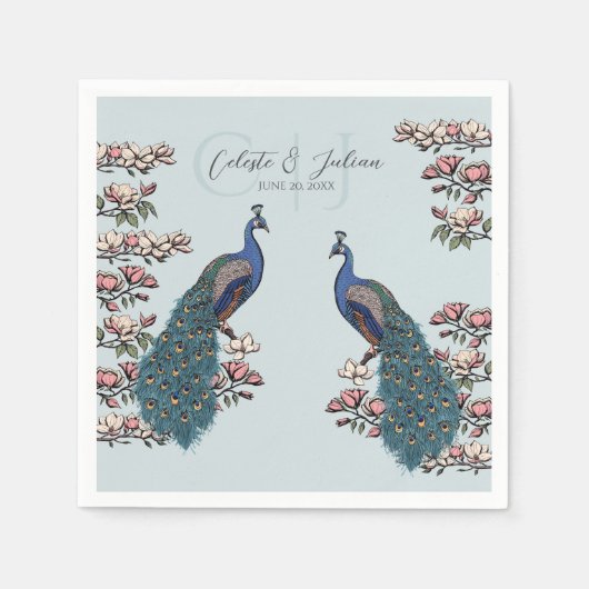 Hellblau Chic Türkis Pfau Hochzeit Serviette (Vorderseite)