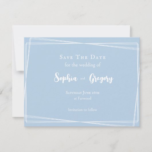 Hellblau elegantes Skript Hochzeit Save The Date (Vorderseite)
